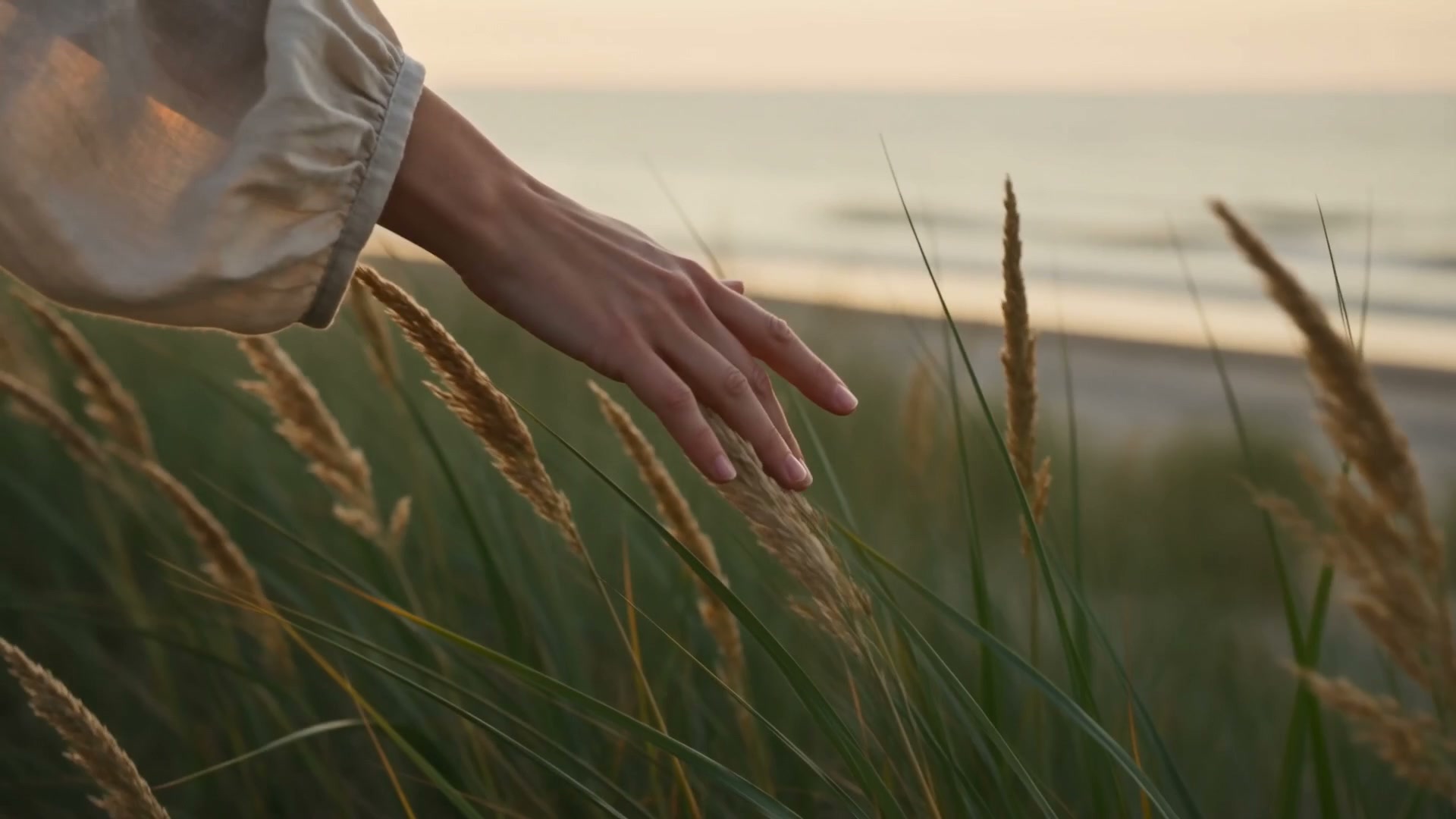 Hand moving through beach grass
